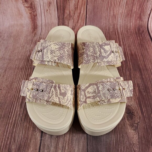 Crocs LiteRide Womens Sz 11 Brooklyn Snake Print Buckle Low Wedge Slides Sandals - Picture 4 of 15